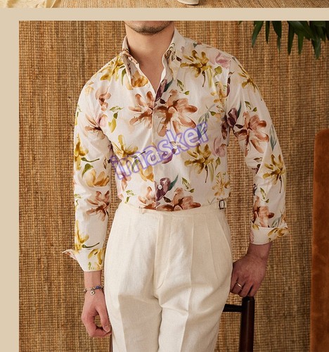 Camisa Floral Algodón Moda Calce Ajustado Hombres Informal Británica Manga Larga Camisa Floral - Imagen 22 de 25