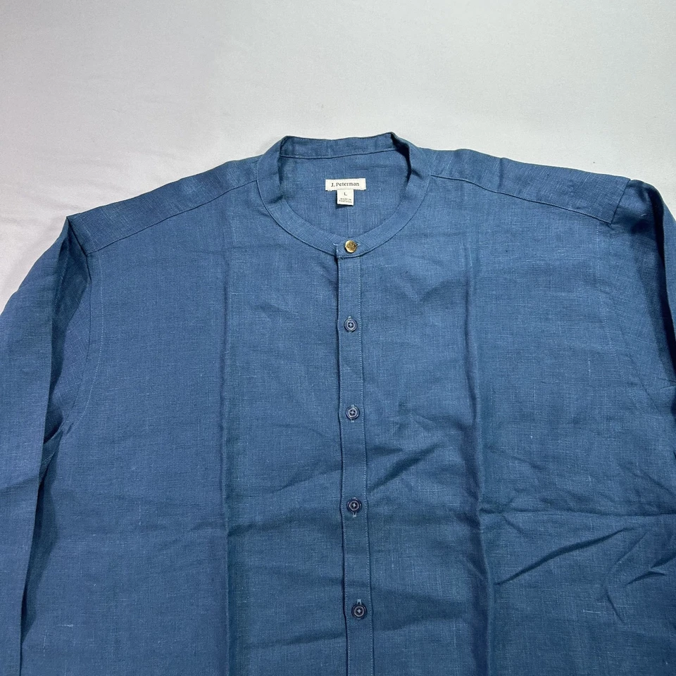 NWOT J Peterman Shirt Mens Large Blue Linen Band Collar Button Up Minimalist - Image 3 of 4