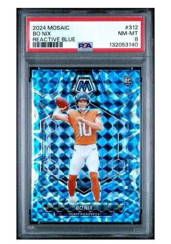 2024 Panini Mosaic Rookies Bo Nix #312 Reactive Blue Mosaic Prizm (RC) PSA 8