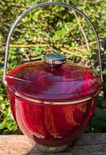 MCM Red Lucite Stainless Steel Ice Bucket Chrome Swing Handle Retro Vintage Bar