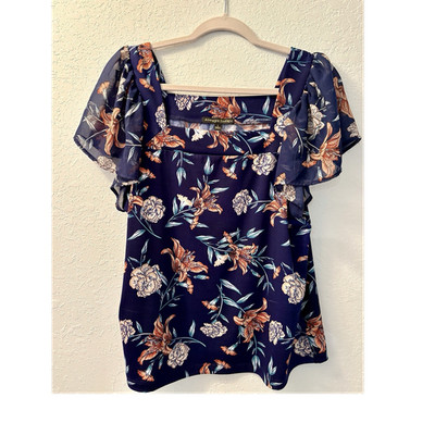 Y2K Always Indigo L Square Neck Flutter Sleeve Chiffon Blouse Floral Navy Orange