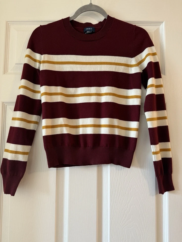 Suéter Forever 21 Rayas Granate Dorado Blanco Cuello Redondo Talla Pequeña Pullover Foto 3 de 4