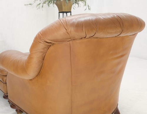 Baker Tan Leather Tufted Back Large Arm Chair w/ Ottoman Pouf Turned Legs MINT! - Picture 19 of 19