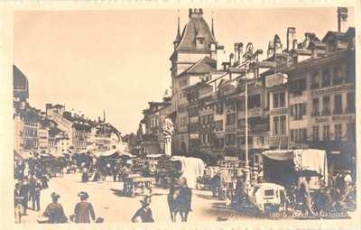 Bern Marktplatz Market Square Switzerland Busy Street Scene Horse Carts Divided