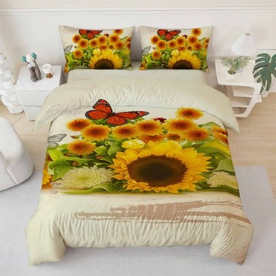 3D Butterfly Sunflower Background Quilt Cover Set Bedding Sets Pillowcases 15  0