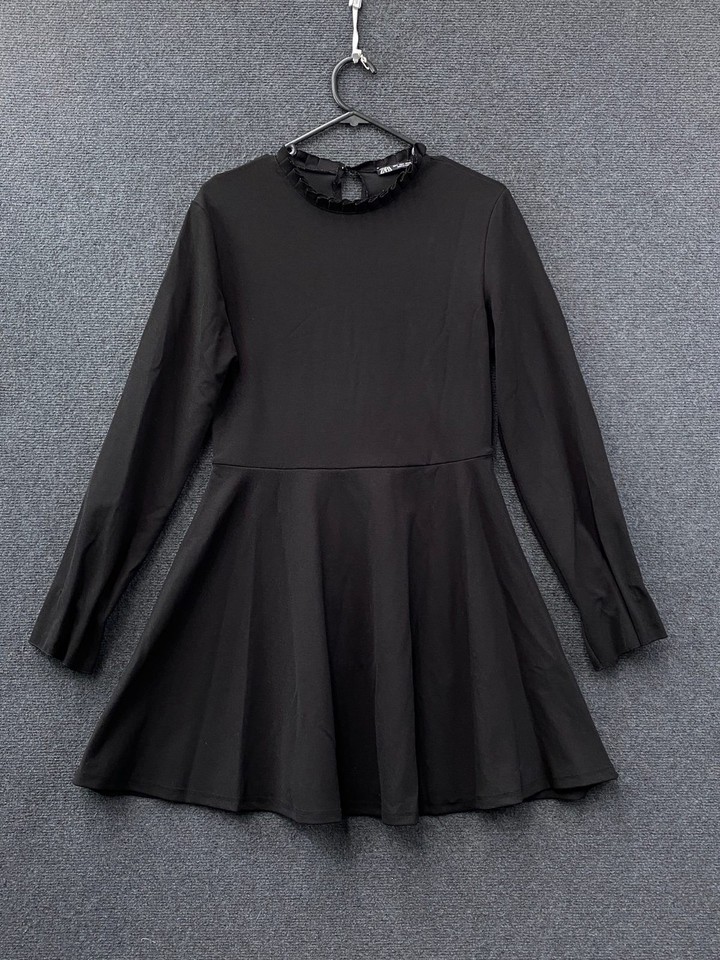 Zara Womens Fit & Flare Mini Dress Black Stretch Ruffle Neck Long Sleeve Size S