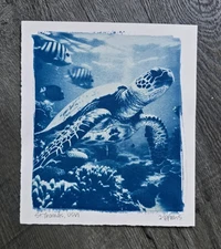 Handmade Cyanotype Sea Turtle Print - 6x7" on Arches Hot Press Watercolor Paper