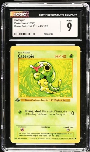 CGC 9 MINT Caterpie 45/102 1st Edition Shadowless Base Set Pokemon Card