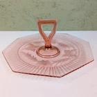 Pink Depression Glass Handled Sandwich Tidbit Tray Etched Butterflies Art Deco