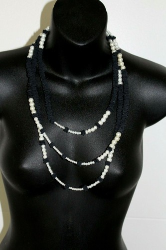 Monies style NWOT black leather & white pearl long hand made necklace 39" long - Picture 10 of 12