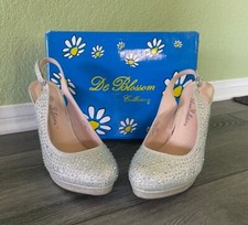 Size 10 De Blossom Collection Silver Rhinestone Stiletto Slingback Heels