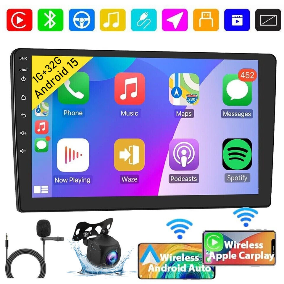 CFRIATO 10.1" Android 15 Deck WiFi Double 2DIN Car Radio Stereo CarPlay GPS 32GB+MIC