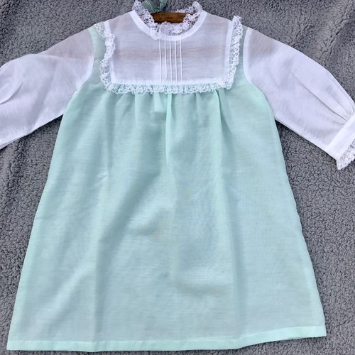 VTG Handmade USA 6 Girls Dress 60s 70s Mod Hipster Mint Green Lace W Ruffle Slip - Picture 3 of 11