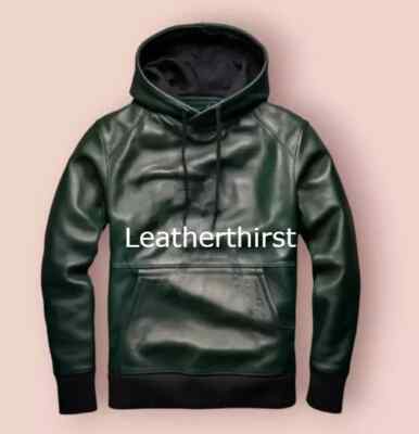 Mens Olive Green Premium Leather Hoodie| Genuine Soft Lambskin leather Hoody XL.