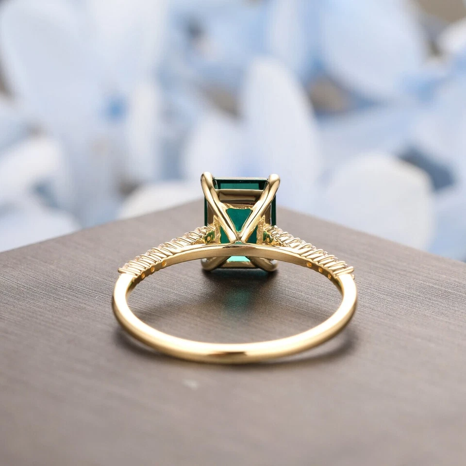 2.65Ct Green Emerald Cut CZ Wedding Anniversary Yellow Gold Over 925 Silver Ring - Image 4 of 4