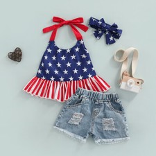 NWT Patriotic 4th of July Girls Crop Top Denim Shorts Outfit Set 2T 3T 4T 5T