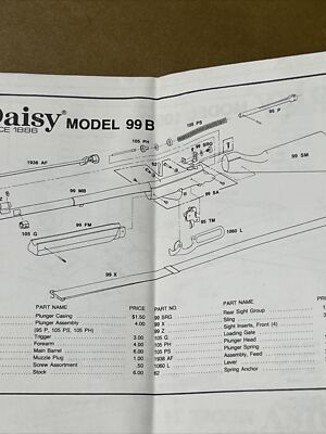Original Vintage Daisy Model 95B 99B 105B 111B 1938B Parts Manual