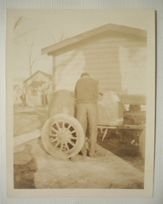 Original Antique 20s 30s Photograph Man Working Broken Down Car Photo Mechanic