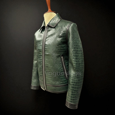 Men's Green Leather Jacket Crocodile Embossed Pattern Alligator
