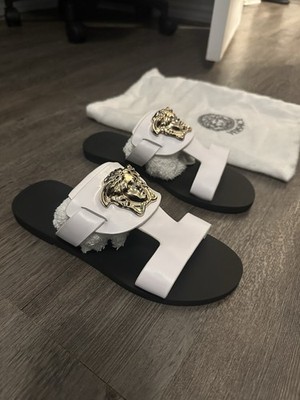 Versace Medusa Logo Leather Slide Sandals White/Black Men s EU 39