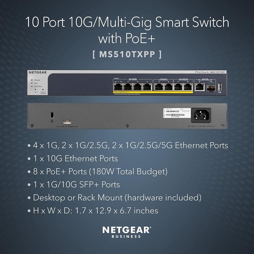 NETGEAR 10-Port PoE 10G Multi-Gigabit Smart Switch - Managed, with 8 x PoE+ - Picture 2 of 7