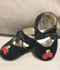 Warner Bros Tweety Mary Jane Shoes VTG Baby Girl Sz 1 Black Leather Looney Tunes
