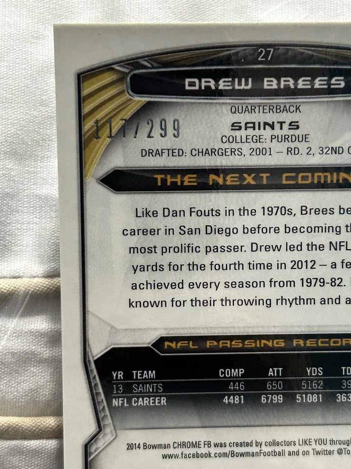New Orleans Saints Drew Brees 2014 Bowman Chrome Black Prizm Refractor #'d /299 - Image 3 of 3
