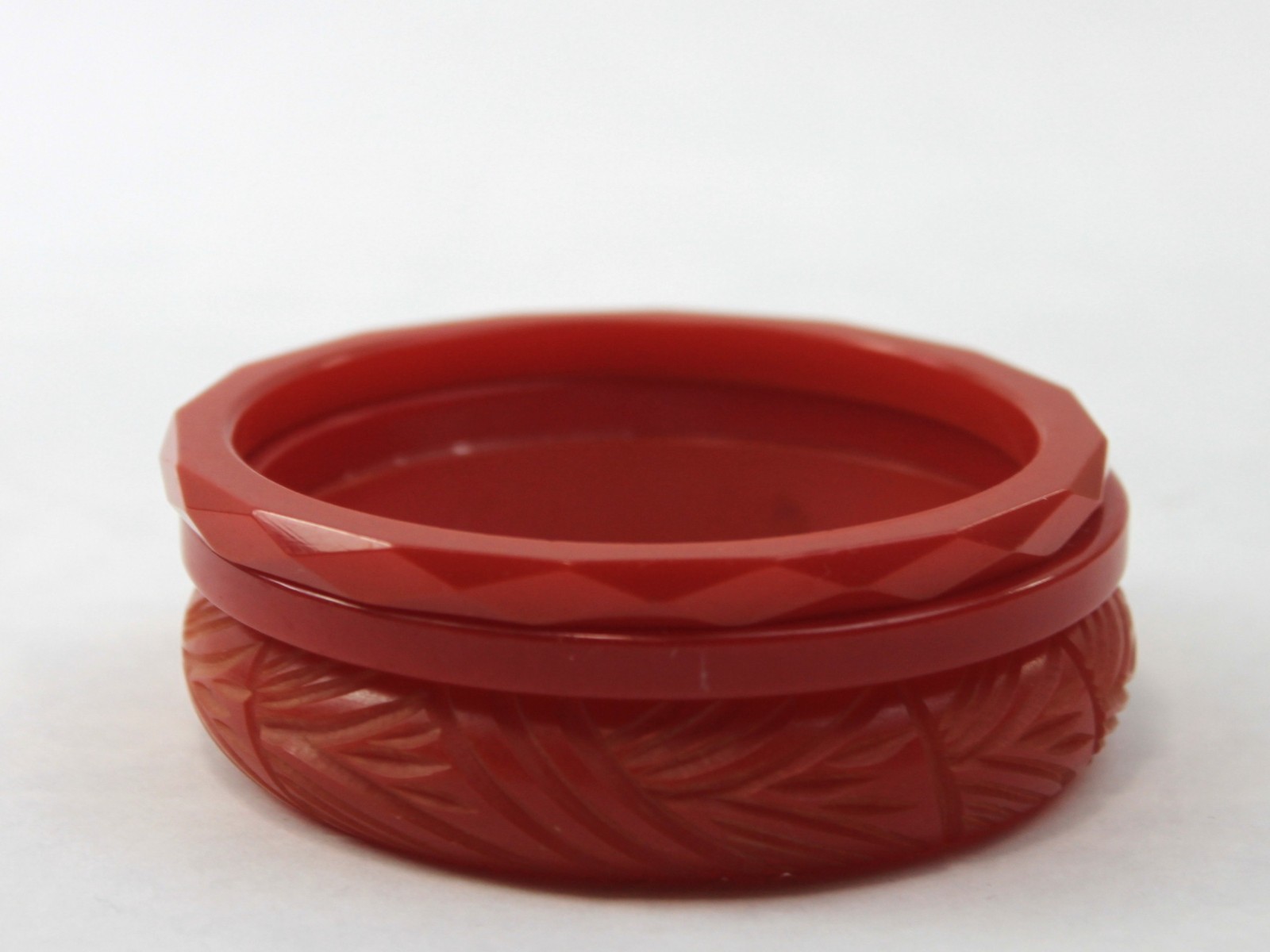 Bakelite Bangle Stack Set Red Flat Sided Carved a… - image 3