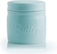 Porcelain Butter Keeper Crock French Butter Dish w/ Water Line Ceramic Turquoise