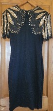 SCALA Women's S Silk Party Prom Dress Black Gold Sequin Knee Length Vintage