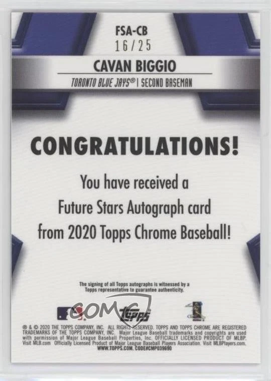2020 Topps Chrome Future Stars Orange Refractor /25 Cavan Biggio #FSA-CB Auto - Image 2 of 2