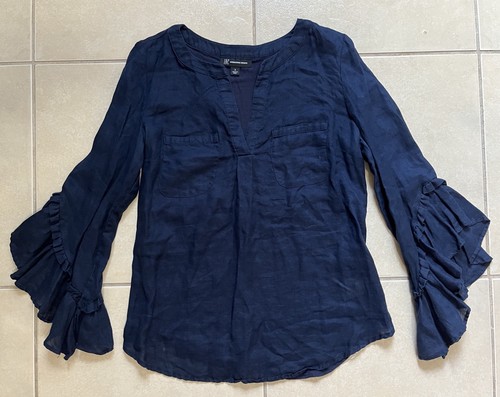 INC International Concepts Women’s S Navy Blue Ruffle-Sleeve Linen Blend Top - Picture 2 of 13