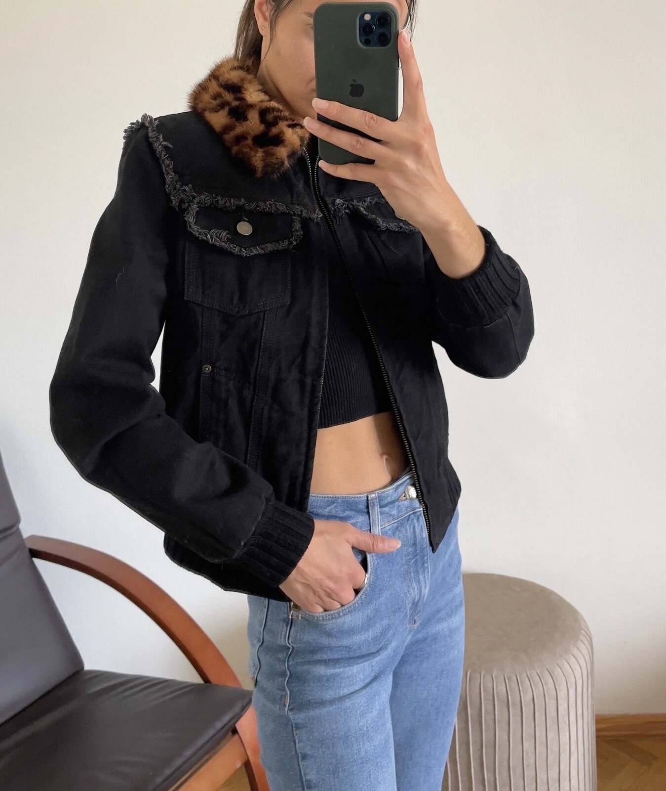 LOUIS VUITTON（LV） Autentica giacca bomber Louis Vuitton denim nero in pelliccia di visone con logo colletto in pelliccia di visone taglia 36