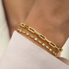 Round Lab Created Diamond Women's Paperclip Bracelet 14K Yellow Gold Barcelet 7"