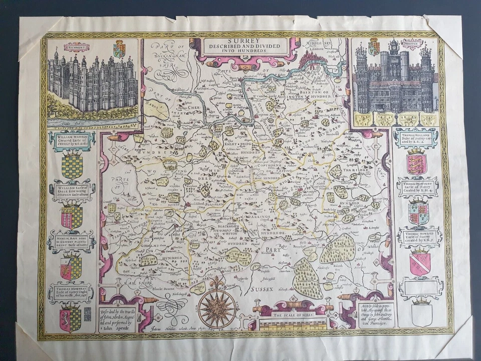 John Speed Map of Surrey - 64 x 47 cm Hand-Colored #ListingsInLights - Image 2 of 4