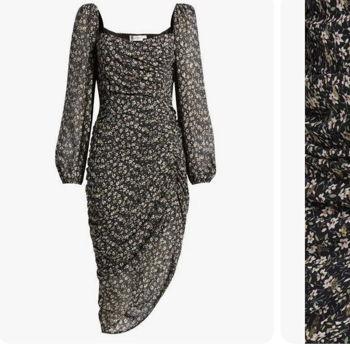 floret studios metallic dress FLORET STUDIOS Metallic Floral Print Long Sleeve Fil Coupé Chiffon Dress  Black