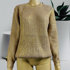 Women Pullover Sweater Gold Print Size XL Round Neck Mid Length Tight Knit Foil