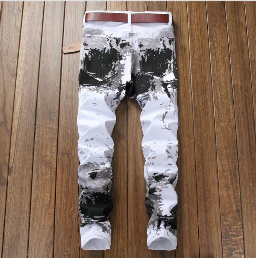Fashion Mens White Black Straight Leg Casual Jeans Printed Comfort