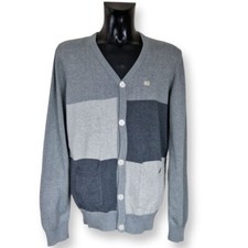 MAKIA FINLAND FLAG LOGO GREY COLOR BLOCK OVERSIZED COTTON CARDIGAN. SIZE: XLARGE