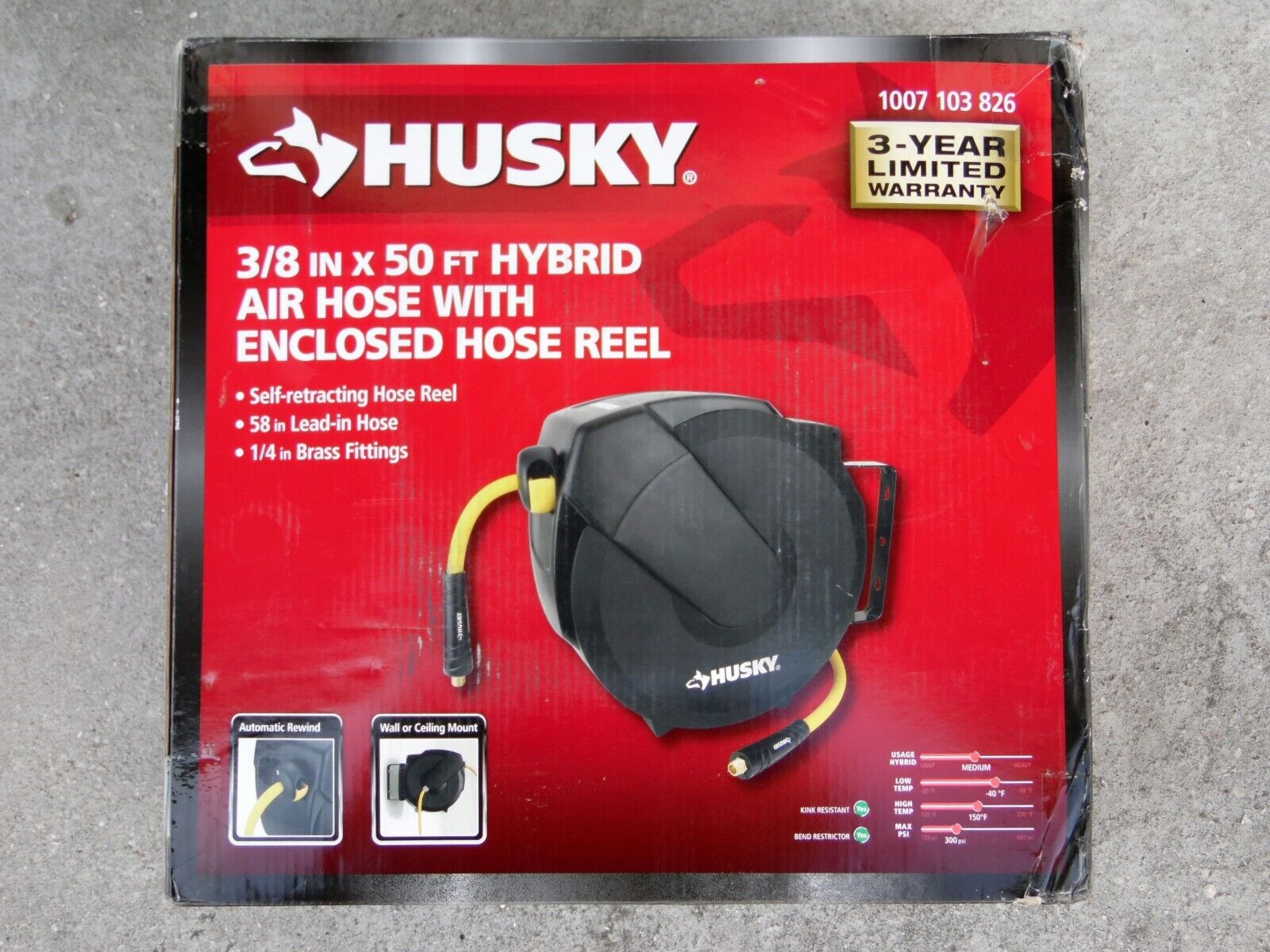New Husky 3/8  x 50' Hybrid Air Hose With Self Retracting