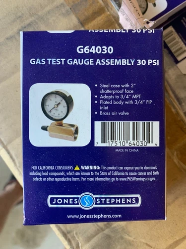 Jones Stephens 3/4 In. FIP 30 PSI Gas Test Gauge Assembly G64-030 Jones Stephens - Picture 1 of 2