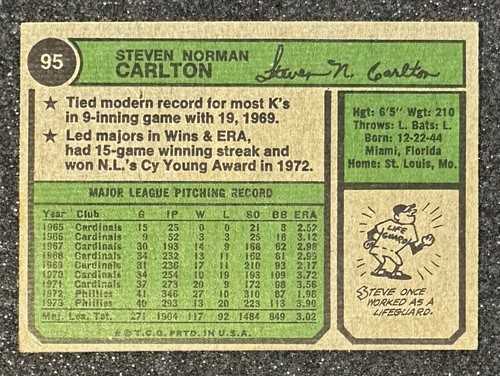 1974 Topps Steve Carlton #95 Philadelphia Phillies (4x CYA/Trpl Crwn/10x AS/HOF) - Imagen 4 de 7