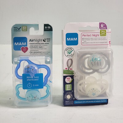 2 - 2 Packs MAM Air & Perfect Night Glow in the Dark Silicone Pacifier 6+ Month