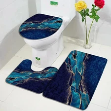 Abstract Marble Bath Mat Sets Modern Geometric Gold Lines Blue Texture Pattern