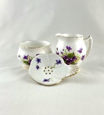 VTG Violet Floral Phoenix Bone China Creamer Sugar Bowl Tea Set England 3 Pieces