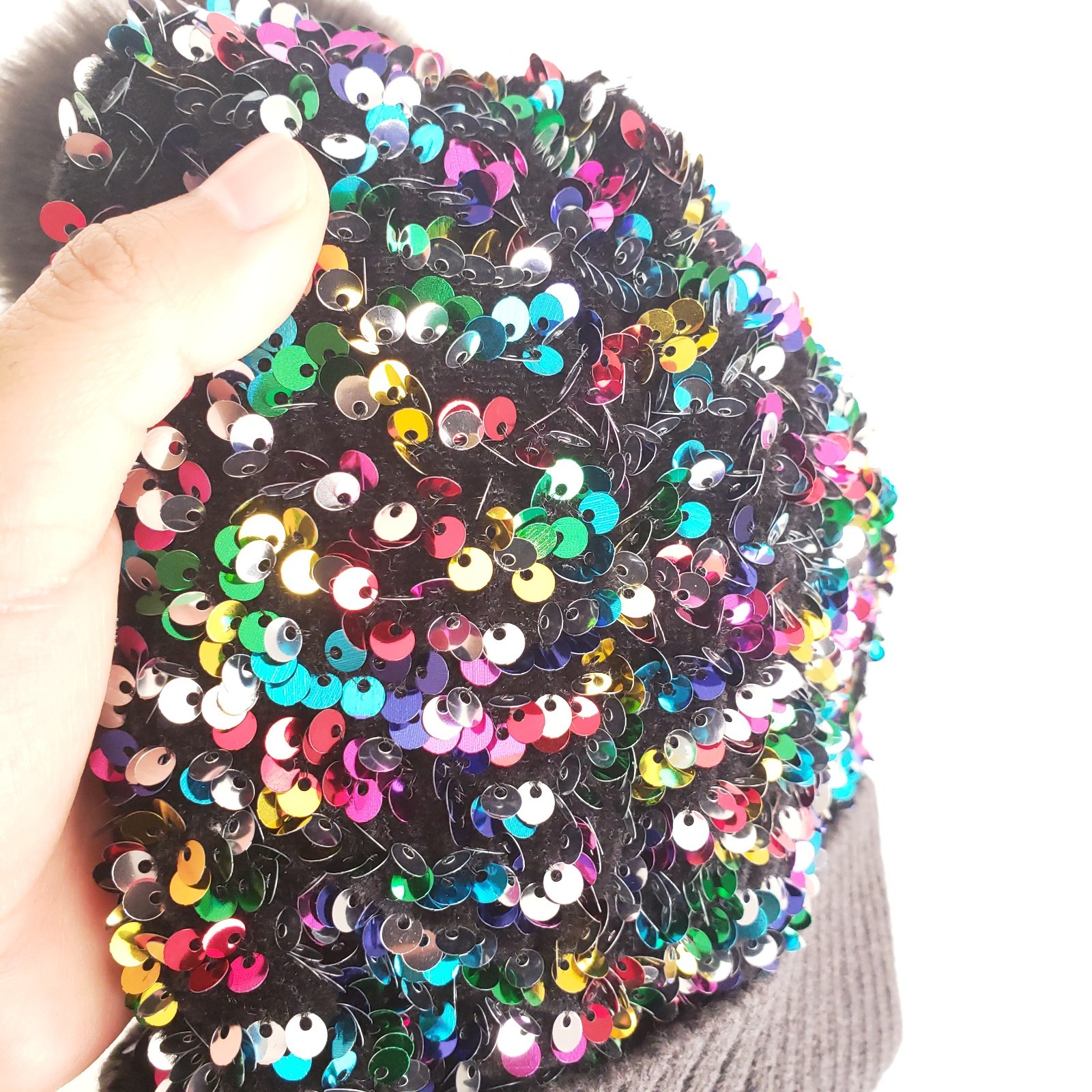 Dull Black Colorful Sequin Winter Beanie Bobble Hat