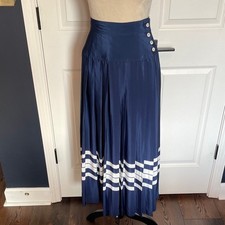 Vintage 80s Liz Claiborne Pleated Silky Navy Blue Midi Skirt Striped Border Sz 8