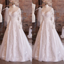 Long Sleeves Wedding Dresses V Neck Lace up Elgeant Tulle Lace Bridal Gowns
