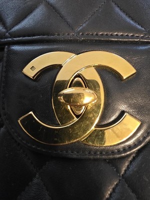 1995 Authentic CHANEL Jumbo Black Lamb Skin Flap Bag with 24K Gold