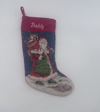 Lillian Vernon Large Christmas Stocking Needlepoint Santa Velvet Monogram Daddy